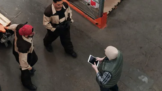 Tres técnicos gestionan la logística en un almacén.