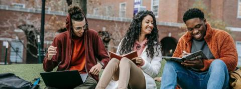 Jovenes Sentados Estudiando En El Campo De Hierba Verde